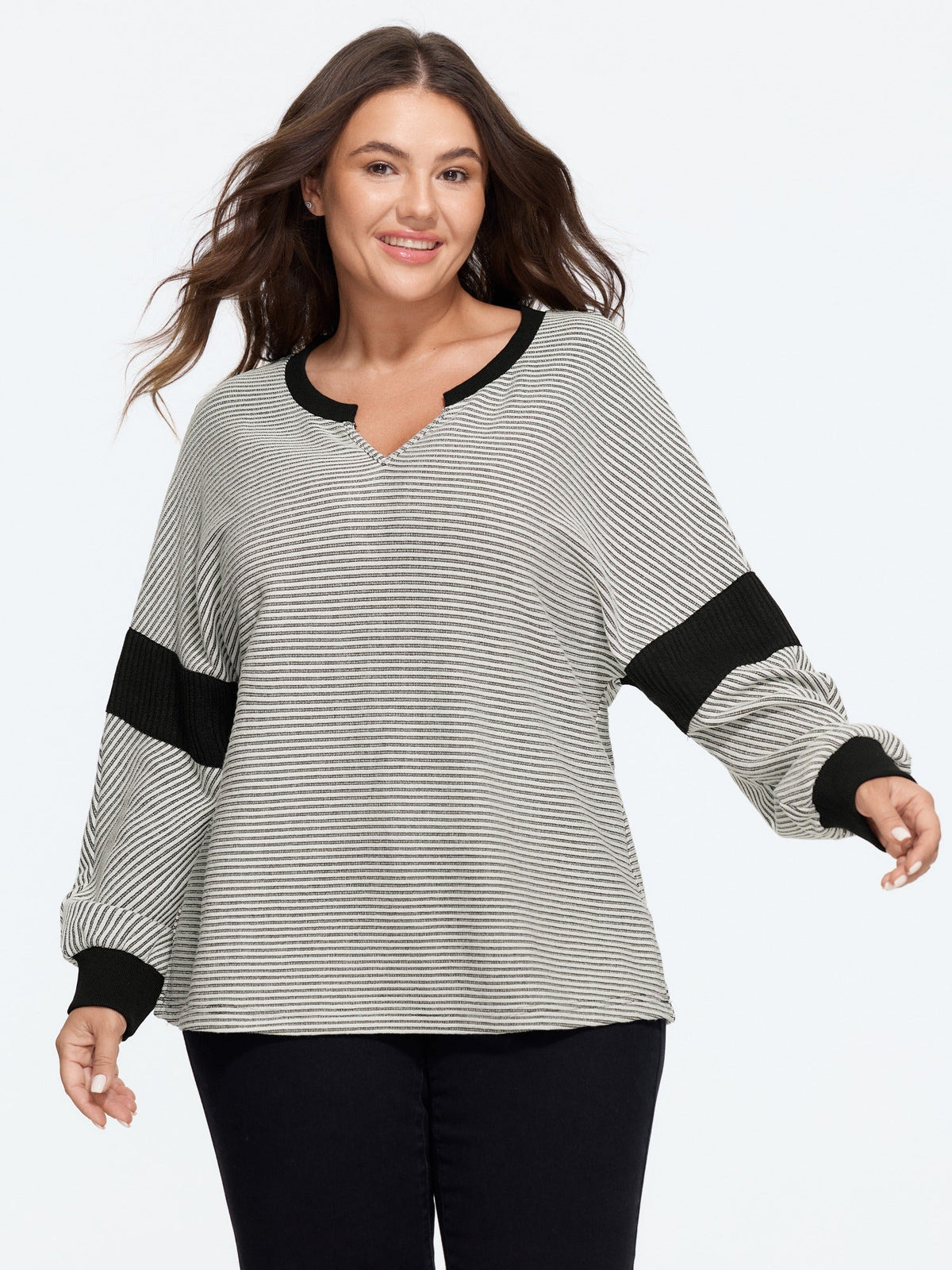 Notched Neck Stripe Color Block Sweatshirt