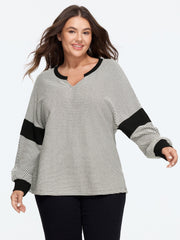 Notched Neck Stripe Color Block Sweatshirt