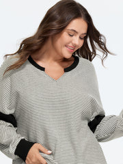 Notched Neck Stripe Color Block Sweatshirt