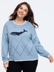 Whale Jacquard Contrast Trim Diamond Hollow Pullover