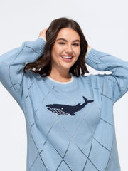 Whale Jacquard Contrast Trim Diamond Hollow Pullover
