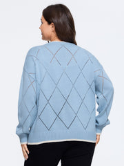 Whale Jacquard Contrast Trim Diamond Hollow Pullover