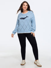 Whale Jacquard Contrast Trim Diamond Hollow Pullover