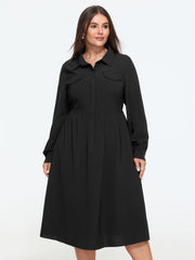 Collared Half Button Placket Pocket Midi Dress