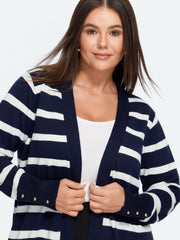 Wool Blend Striped V‑Neck Open Front Cardigan