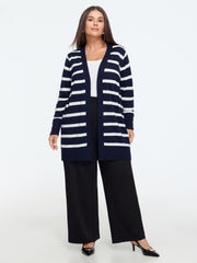 Wool Blend Striped V‑Neck Open Front Cardigan