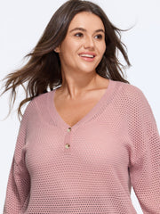 Wool Blend V‑Neck Button Detail Hollow Out Pullover