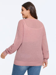 Wool Blend V‑Neck Button Detail Hollow Out Pullover