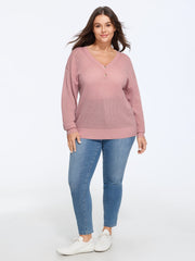Wool Blend V‑Neck Button Detail Hollow Out Pullover