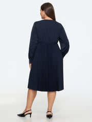 Square Neck Long Sleeve Pleated Midi Dress
