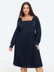 Square Neck Long Sleeve Pleated Midi Dress