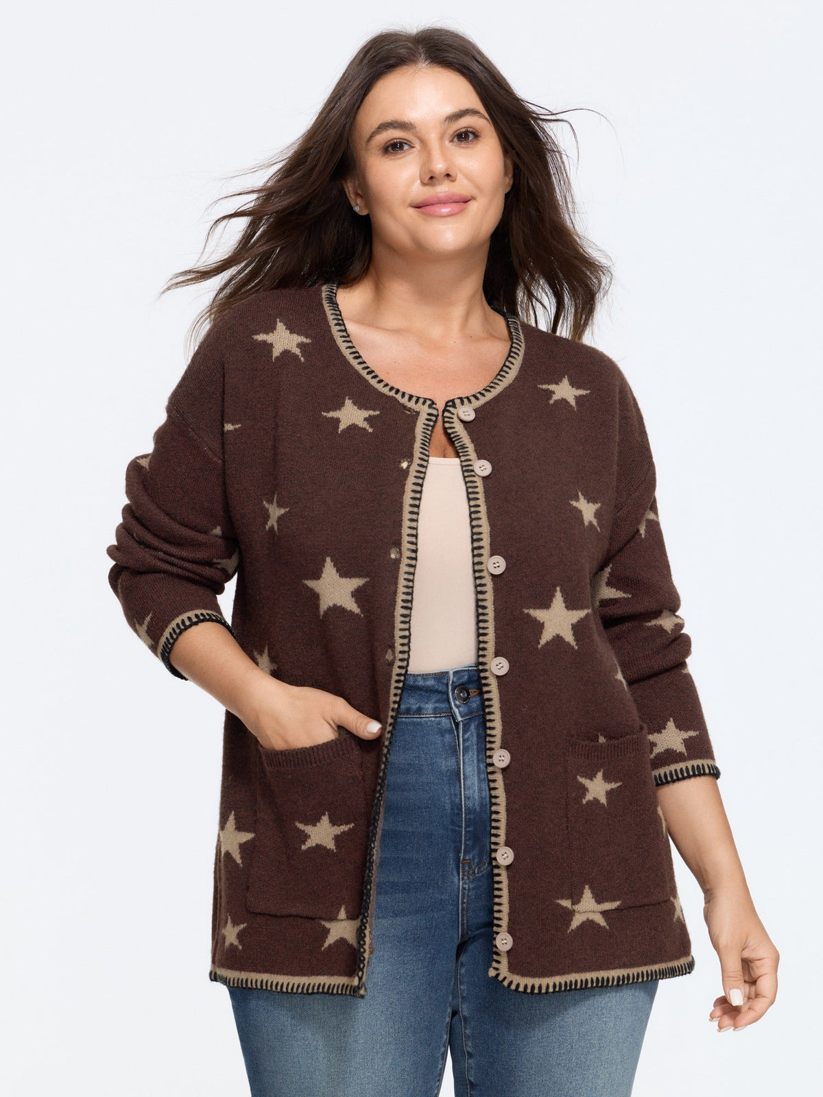 Wool Blend Star Jacquard Pocket Button Front Cardigan