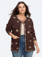 Wool Blend Star Jacquard Pocket Button Front Cardigan