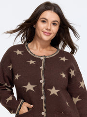 Wool Blend Star Jacquard Pocket Button Front Cardigan