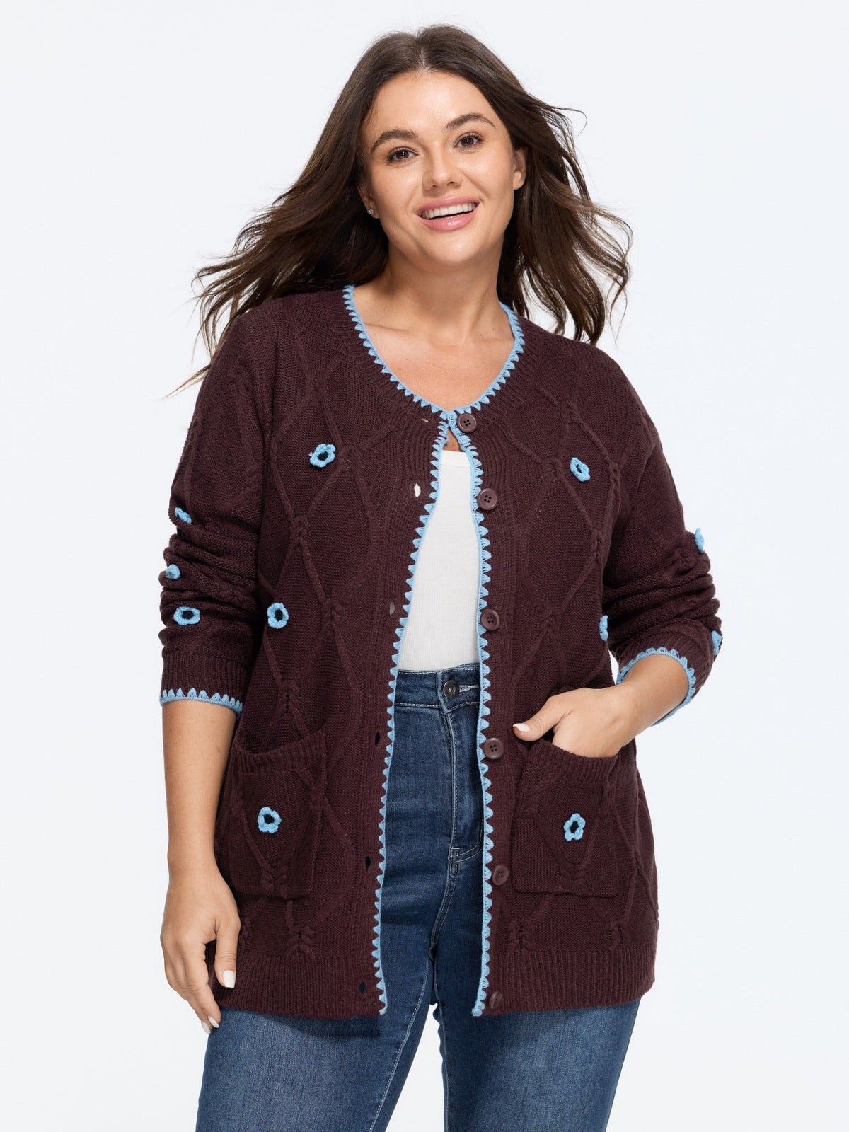 Crochet Floral Contrast Trim Button Front Cardigan