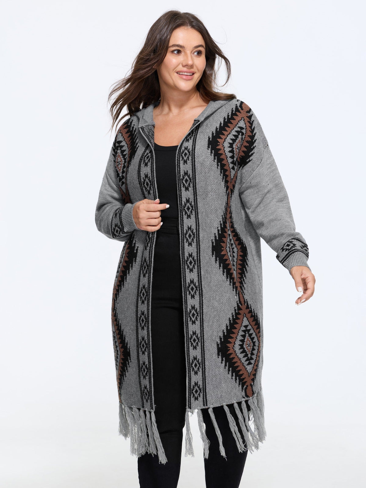 Boho Geometric Fringe Hem Hooded Cardigan