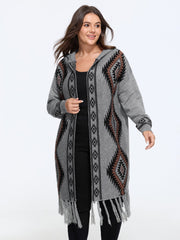 Boho Geometric Fringe Hem Hooded Cardigan