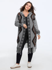 Boho Geometric Fringe Hem Hooded Cardigan
