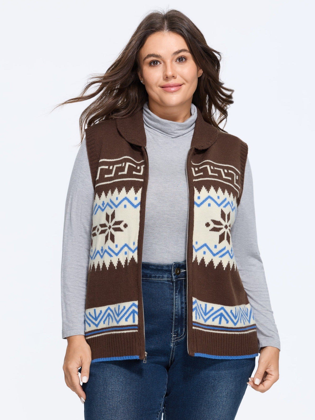 Fair Isle Snowflake Zip Up Sleeveless Cardigan