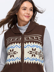 Fair Isle Snowflake Zip Up Sleeveless Cardigan