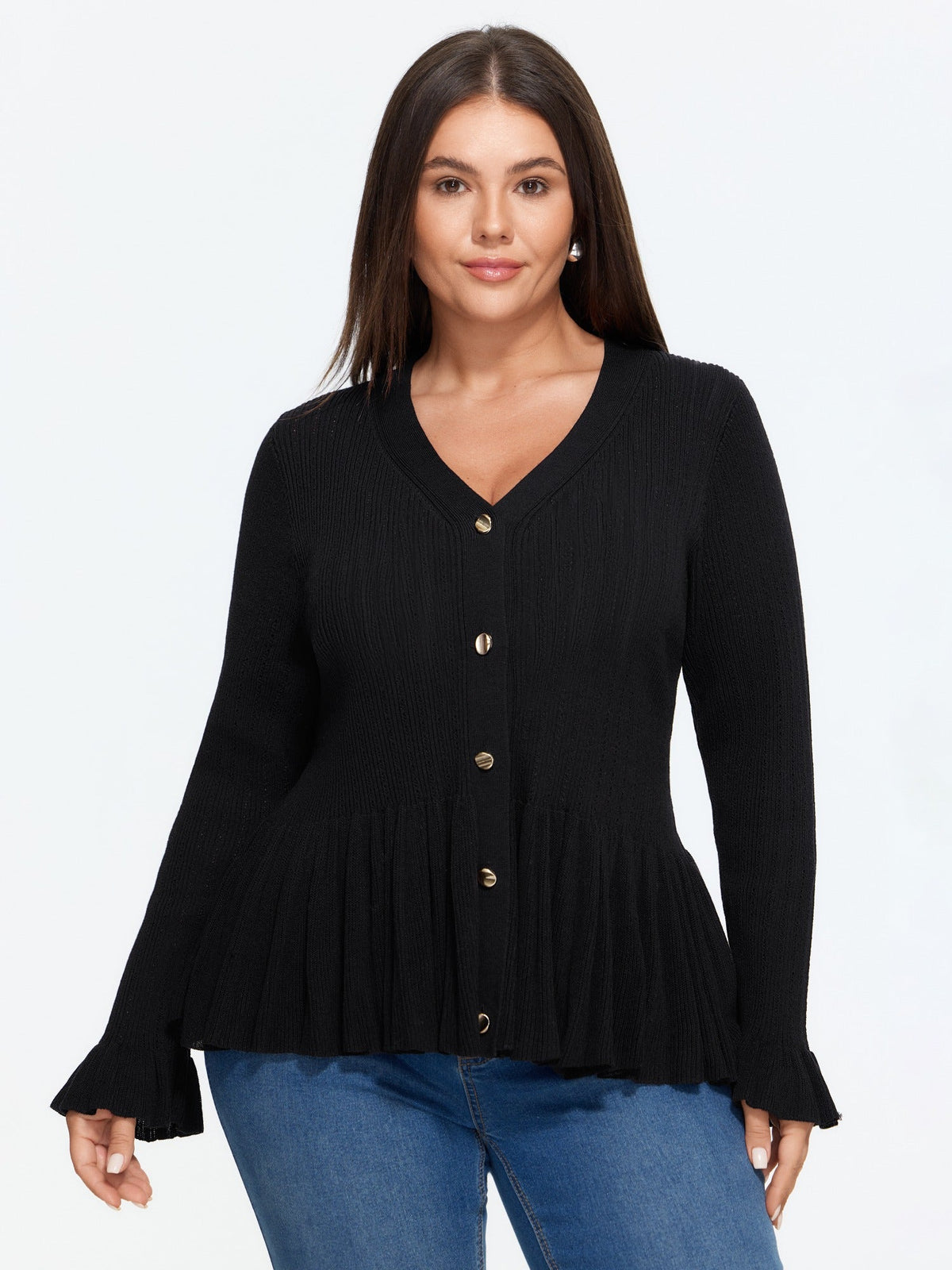 V Neck Flare Ruffle Hem Button Front Cardigan