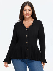 V Neck Flare Ruffle Hem Button Front Cardigan