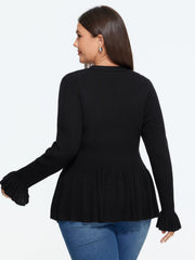 V Neck Flare Ruffle Hem Button Front Cardigan