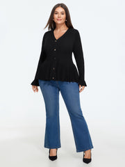 V Neck Flare Ruffle Hem Button Front Cardigan