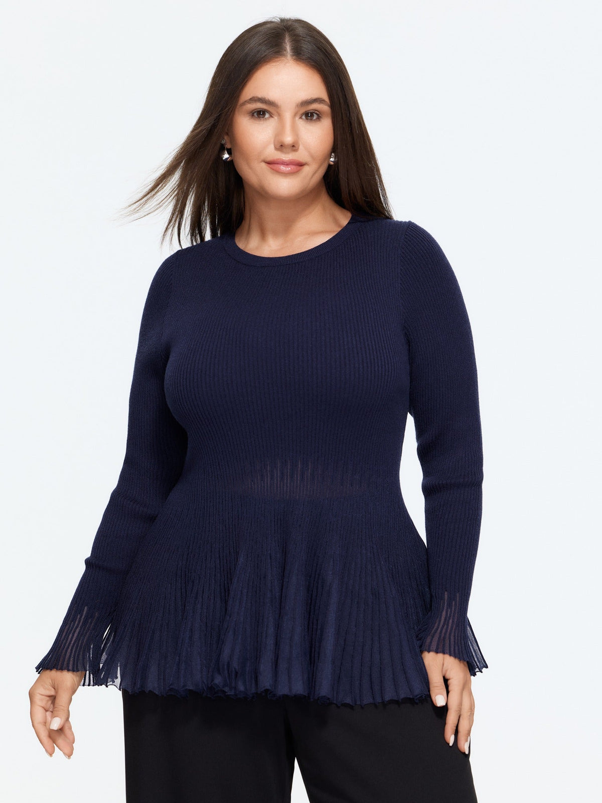 Round Neck Flare Hem Ribbed Knit Pullover