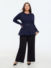 Round Neck Flare Hem Ribbed Knit Pullover