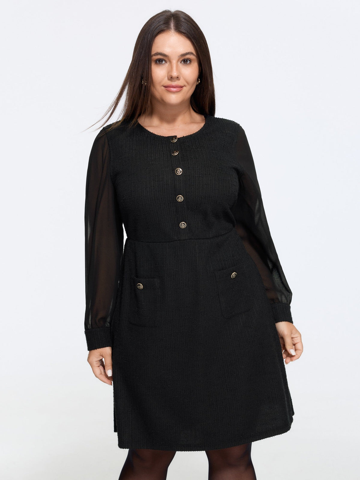 Tweed Patchwork Chiffon Sleeve Button Detail Mini Dress
