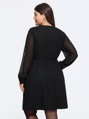 Tweed Patchwork Chiffon Sleeve Button Detail Mini Dress