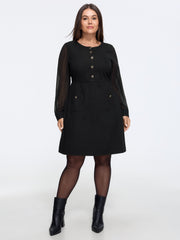 Tweed Patchwork Chiffon Sleeve Button Detail Mini Dress