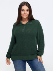 Half Button Cutout Waffle Knit Pullover