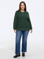 Half Button Cutout Waffle Knit Pullover