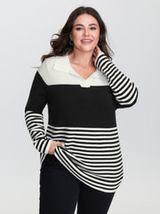 Supersoft Polo Collar Striped Colorblock Pullover