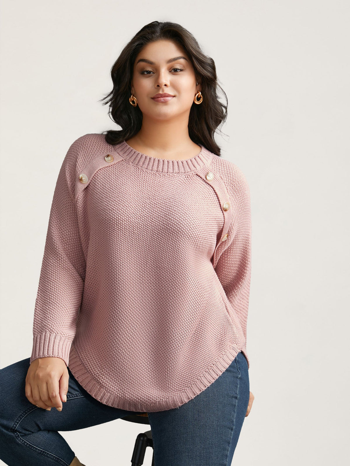 Plain Textured Button Detail Curved Hem Pullover