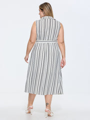 Striped Print Sleeveless Shirt Midi Dress