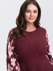 Cableknit Floral Cinched-Waist Pullover