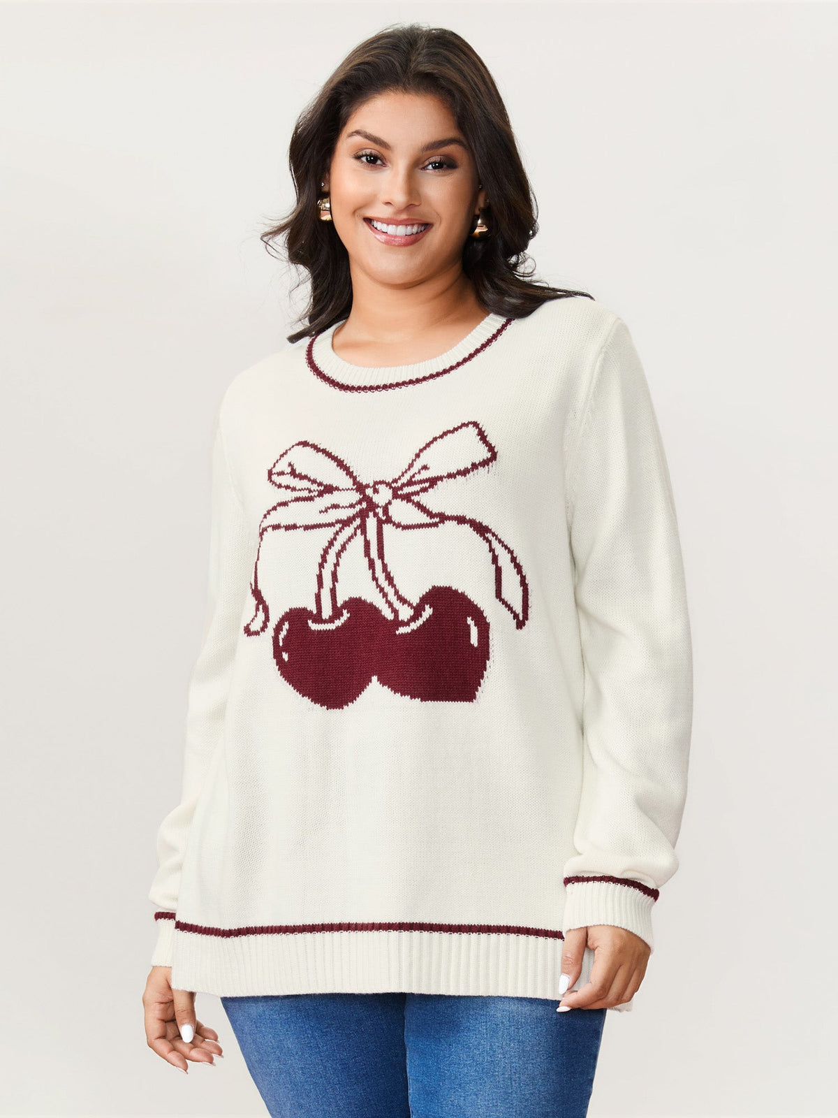 Cherry Pattern Jacquard Color Contrast Pullover