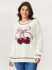 Cherry Pattern Jacquard Color Contrast Pullover