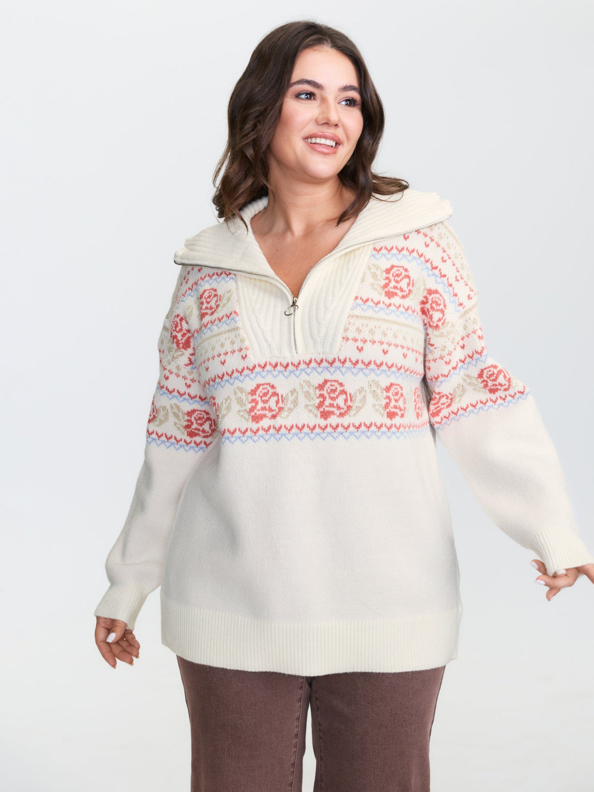 Rose Fair-Isle Pattern Jacquard Zipper Pullover