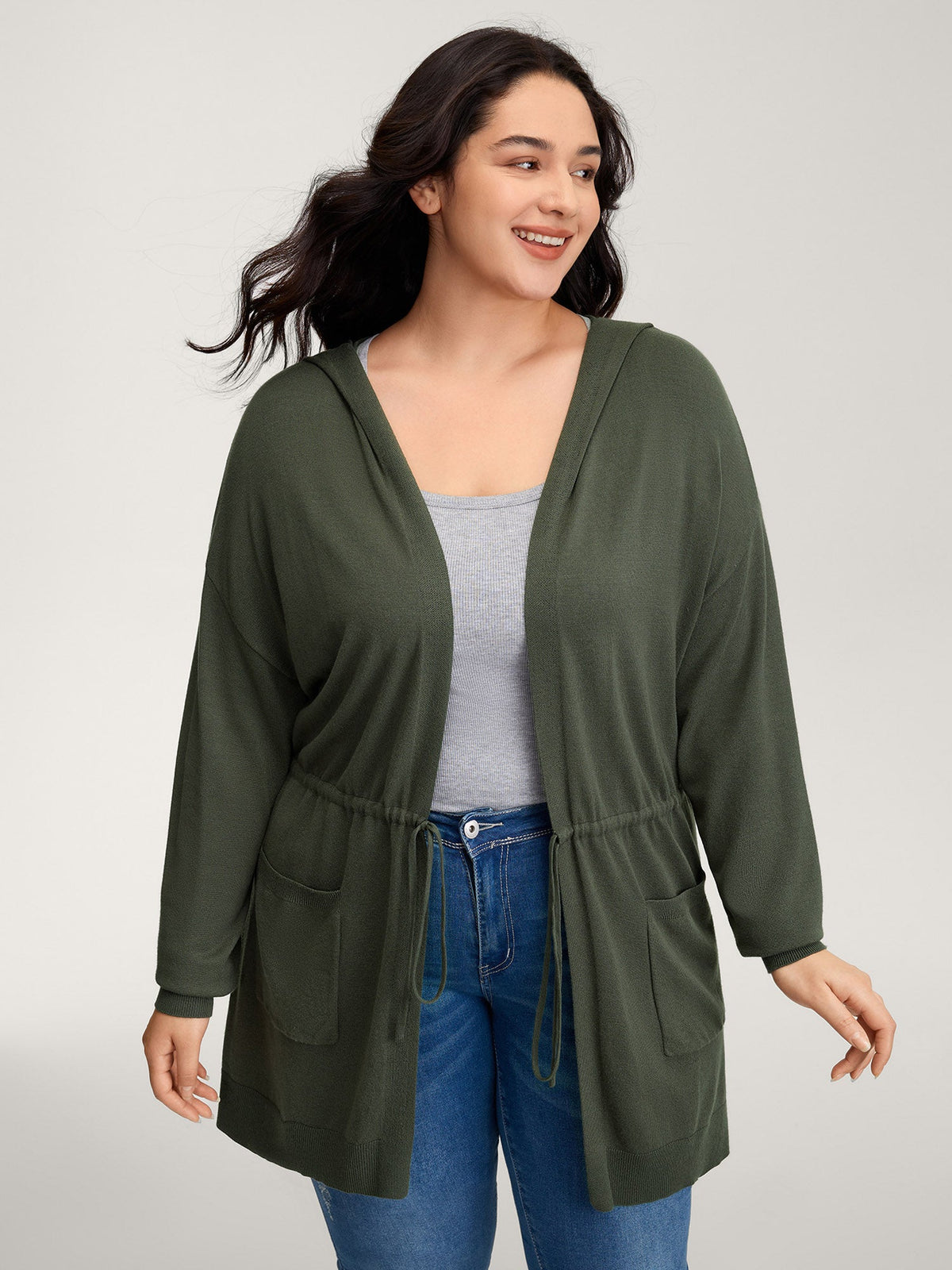 Hooded Drawstring Waist Pockets Knit Cardigan