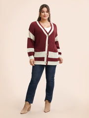 Colorblock Contrast Textured Patched Pocket Cardigan