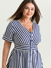 Striped Print Shirred Button Detail Midi Dress