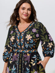 Boho Print V-Neck Pockets Mini Dress