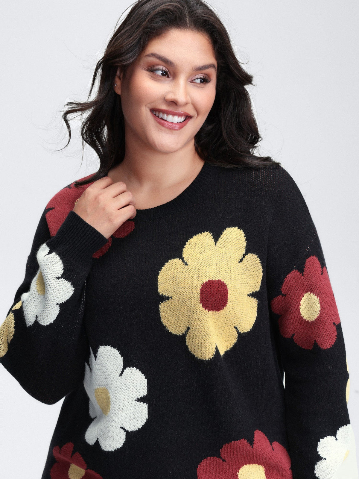 Flower Pattern Jacquard Crew Neck Pullover