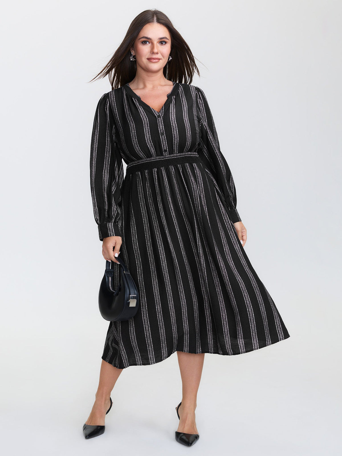 Monochrome Stripe Button Detail Midi Dress