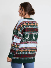 Elk Christmas Print Jacquard Ribbed Hem Pullover