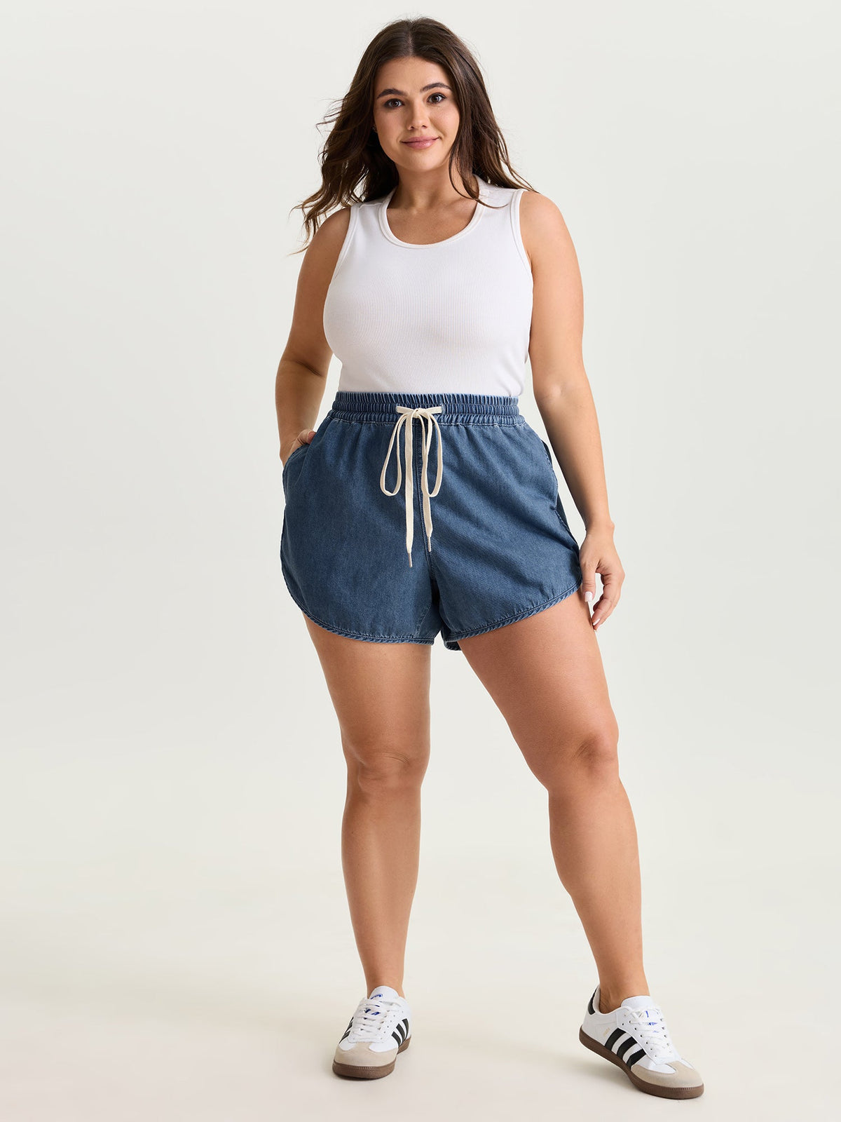 Elastic Waist Drawstring Straight-Fit Denim Shorts